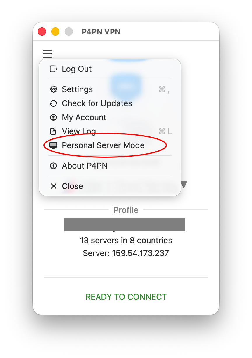 P4PN menu with Personal Server Mode