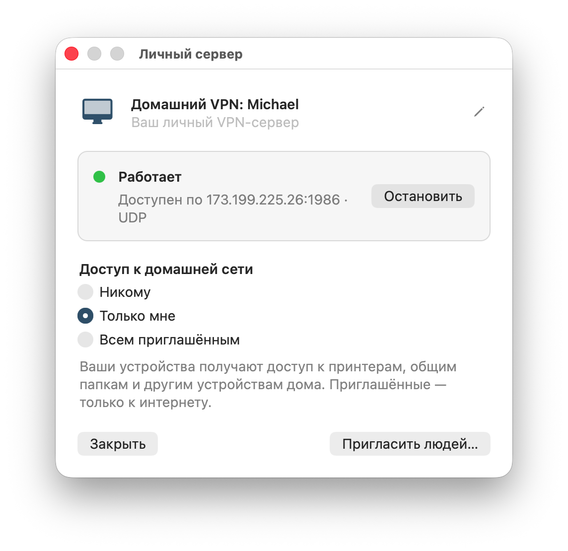 Окно личного сервера с работающим сервером