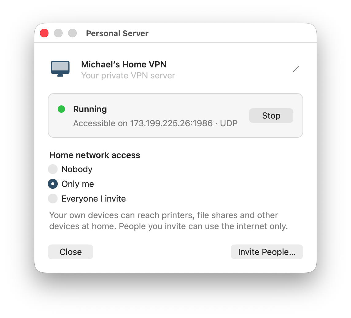 Personal Server window with the server running